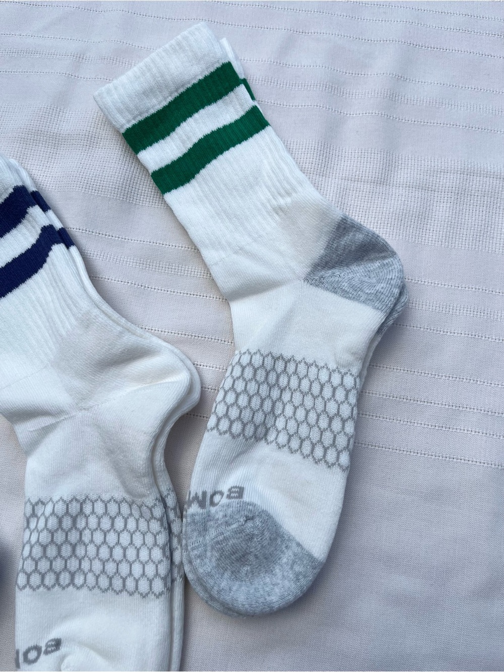 Bombas White Athletic Crew Socks with Green and Navy Stripes - Picture 2 of 14